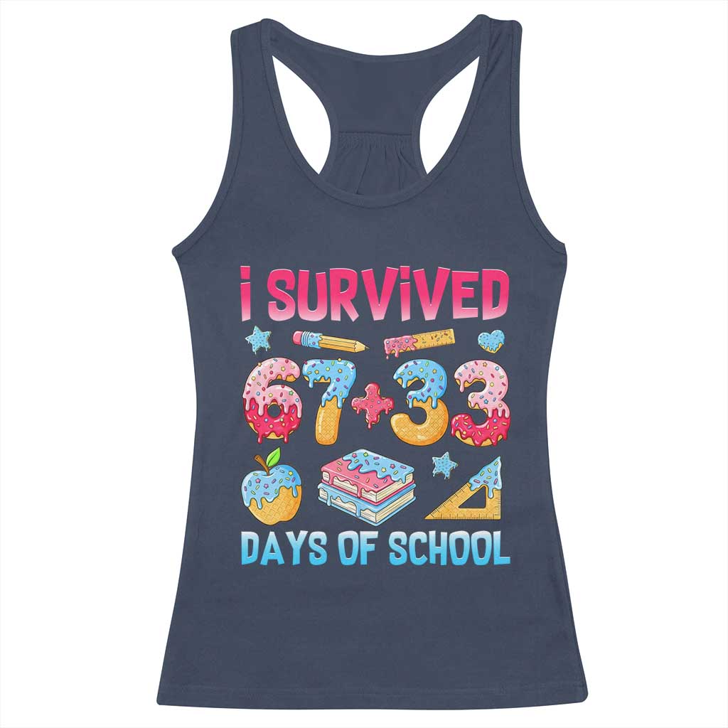 I Survived 67 Plus 33 100 Days of School Racerback Tank Top Six Seven Meme Colorful Math Humor TS02 Navy Print Your Wear