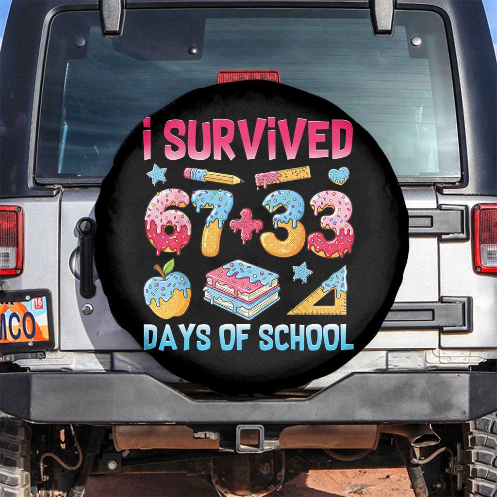I Survived 67 Plus 33 100 Days of School Spare Tire Cover Six Seven Meme Colorful Math Humor - Print Your Wear
