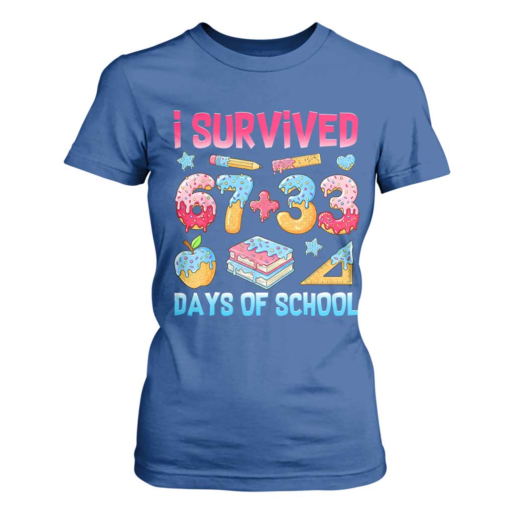 I Survived 67 Plus 33 100 Days of School T Shirt For Women Six Seven Meme Colorful Math Humor TS02 Royal Blue Print Your Wear