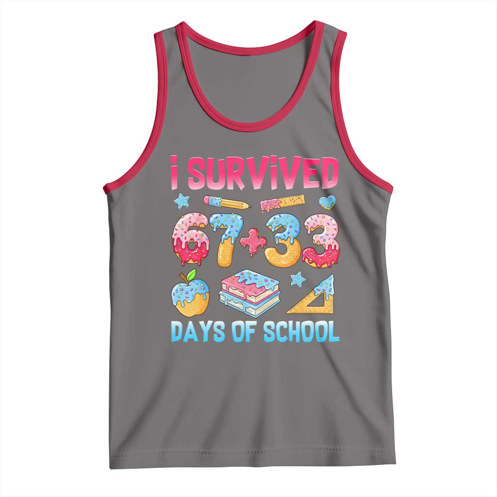 I Survived 67 Plus 33 100 Days of School Tank Top Six Seven Meme Colorful Math Humor TS02 Deep Heather Red Print Your Wear