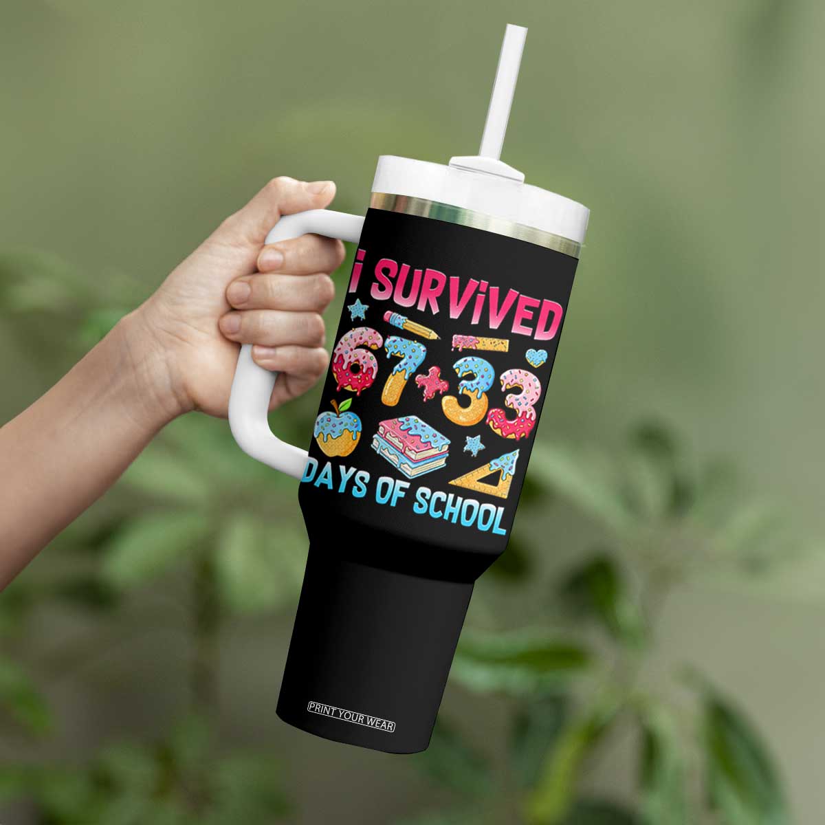 I Survived 67 Plus 33 100 Days of School Tumbler With Handle Six Seven Meme Colorful Math Humor TS02 Print Your Wear
