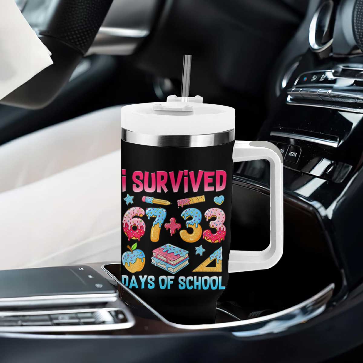 I Survived 67 Plus 33 100 Days of School Tumbler With Handle Six Seven Meme Colorful Math Humor TS02 Print Your Wear
