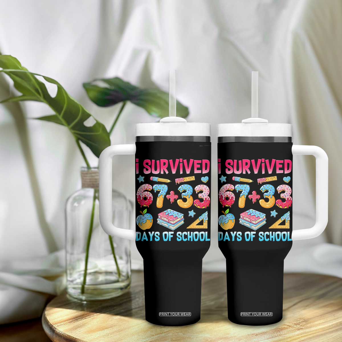 I Survived 67 Plus 33 100 Days of School Tumbler With Handle Six Seven Meme Colorful Math Humor TS02 Print Your Wear