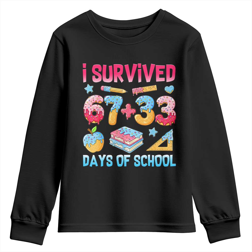 I Survived 67 Plus 33 100 Days of School Youth Sweatshirt Six Seven Meme Colorful Math Humor - Print Your Wear