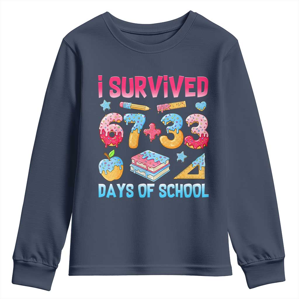 I Survived 67 Plus 33 100 Days of School Youth Sweatshirt Six Seven Meme Colorful Math Humor TS02 Navy Print Your Wear