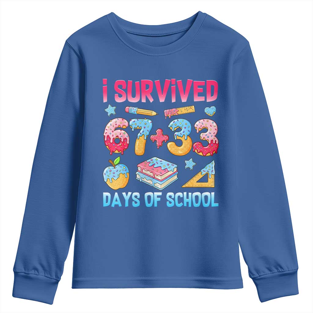 I Survived 67 Plus 33 100 Days of School Youth Sweatshirt Six Seven Meme Colorful Math Humor TS02 Royal Blue Print Your Wear