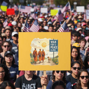 Walk For Peace Aloka the Dog and Monks Protest Sign TS02 Horizontal 18" × 24" Yellow Print Your Wear