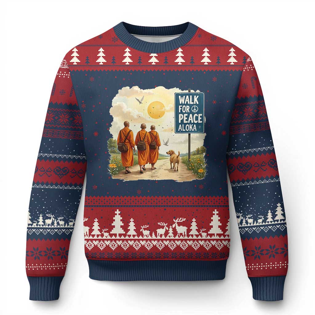 Walk For Peace Aloka the Dog and Monks Ugly Christmas Sweater TS02 Navy Red Print Your Wear