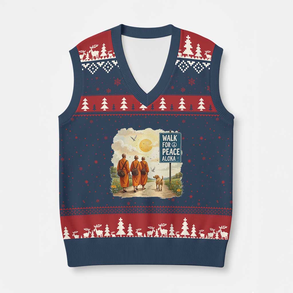 Walk For Peace Aloka the Dog and Monks V-Neck Knit Sweater Vest TS02 Navy Red Print Your Wear