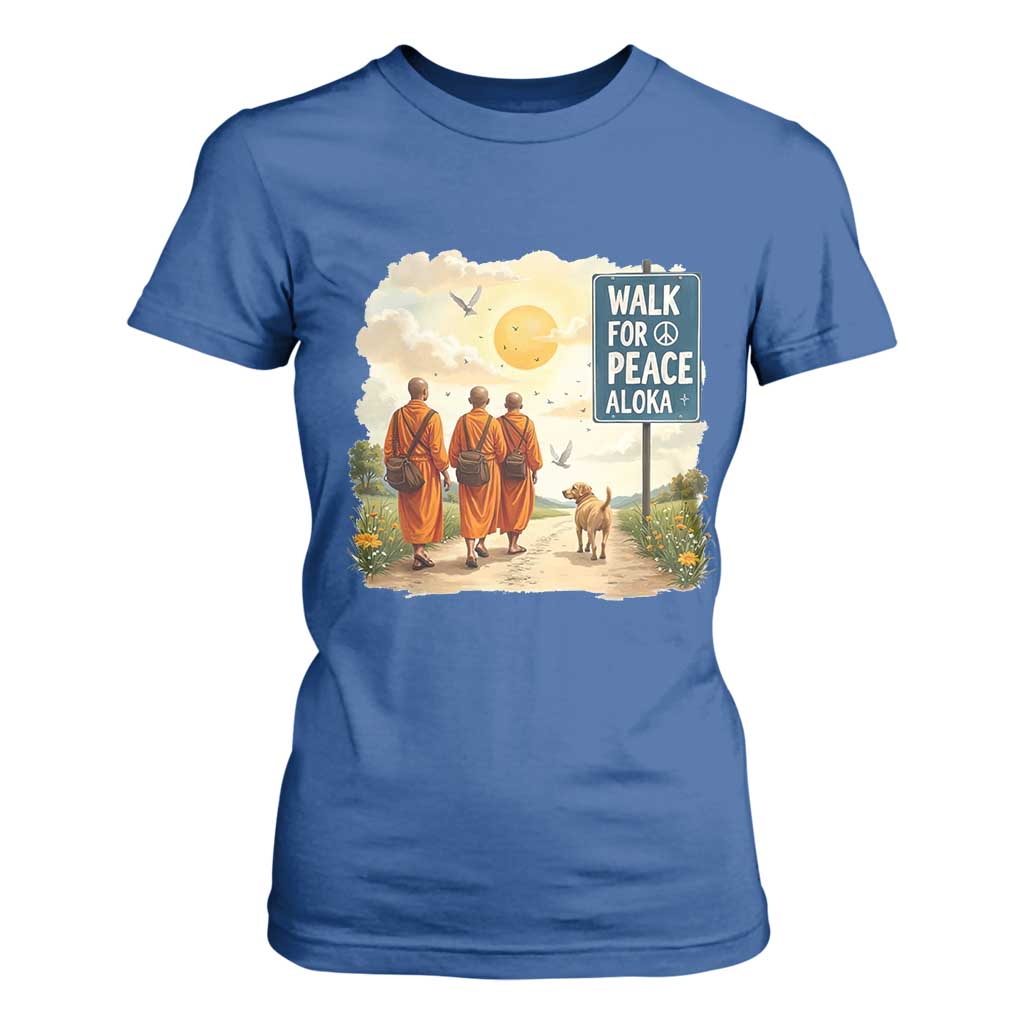 Walk For Peace Aloka the Dog and Monks T Shirt For Women TS02 Royal Blue Print Your Wear