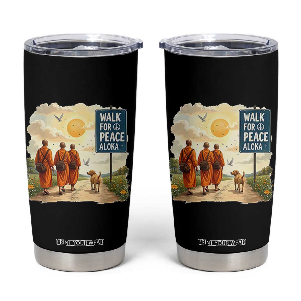 Walk For Peace Aloka the Dog and Monks Tumbler Cup TS02 Black Print Your Wear