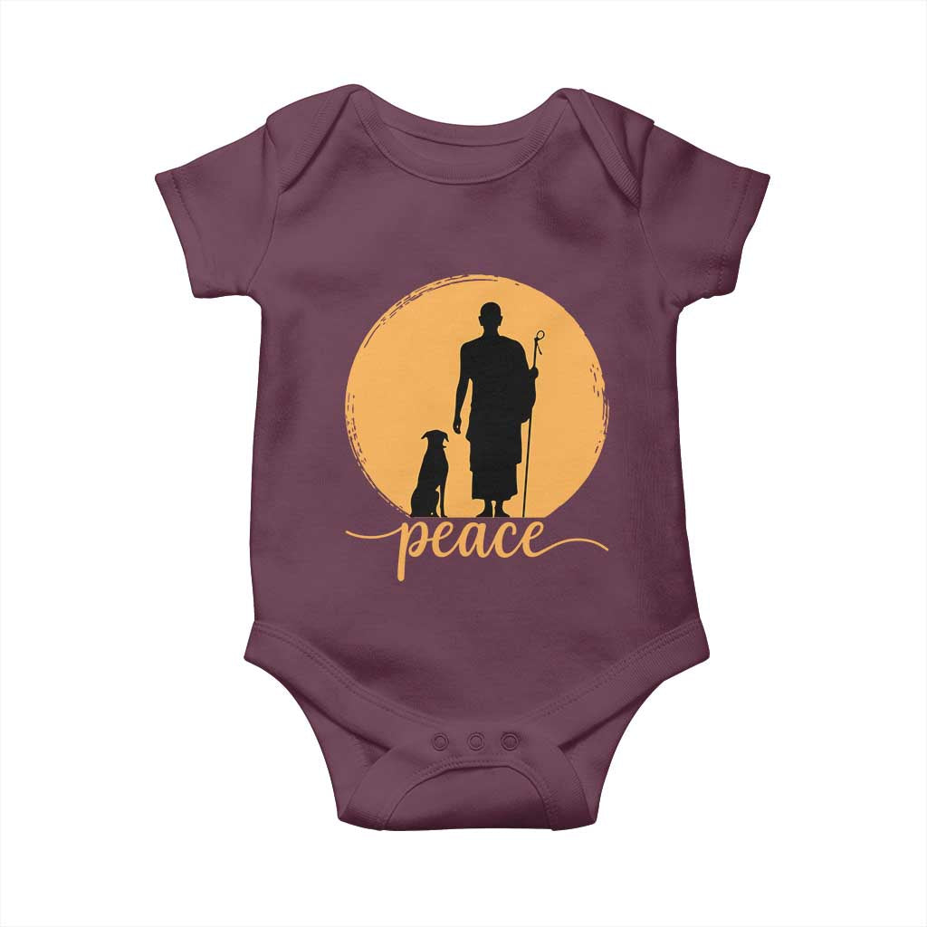 Monk and Dog Silhouette Peace Baby Onesie Spiritual Walk for Peace Sunset TS02 Maroon Print Your Wear