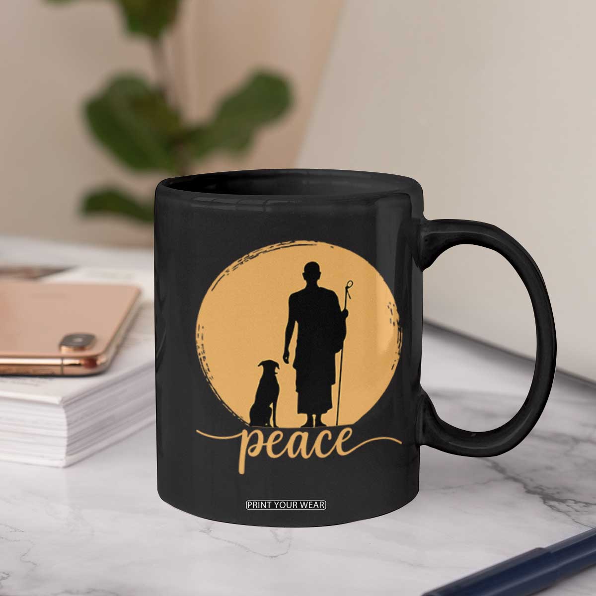 Monk and Dog Silhouette Peace Coffee Mug Spiritual Walk for Peace Sunset TS02 Print Your Wear