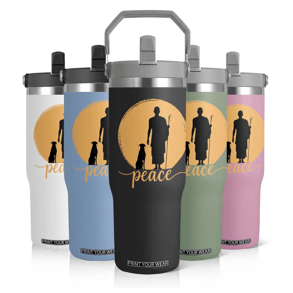 Monk and Dog Silhouette Peace Flip Straw Tumbler Spiritual Walk for Peace Sunset TS02 Print Your Wear