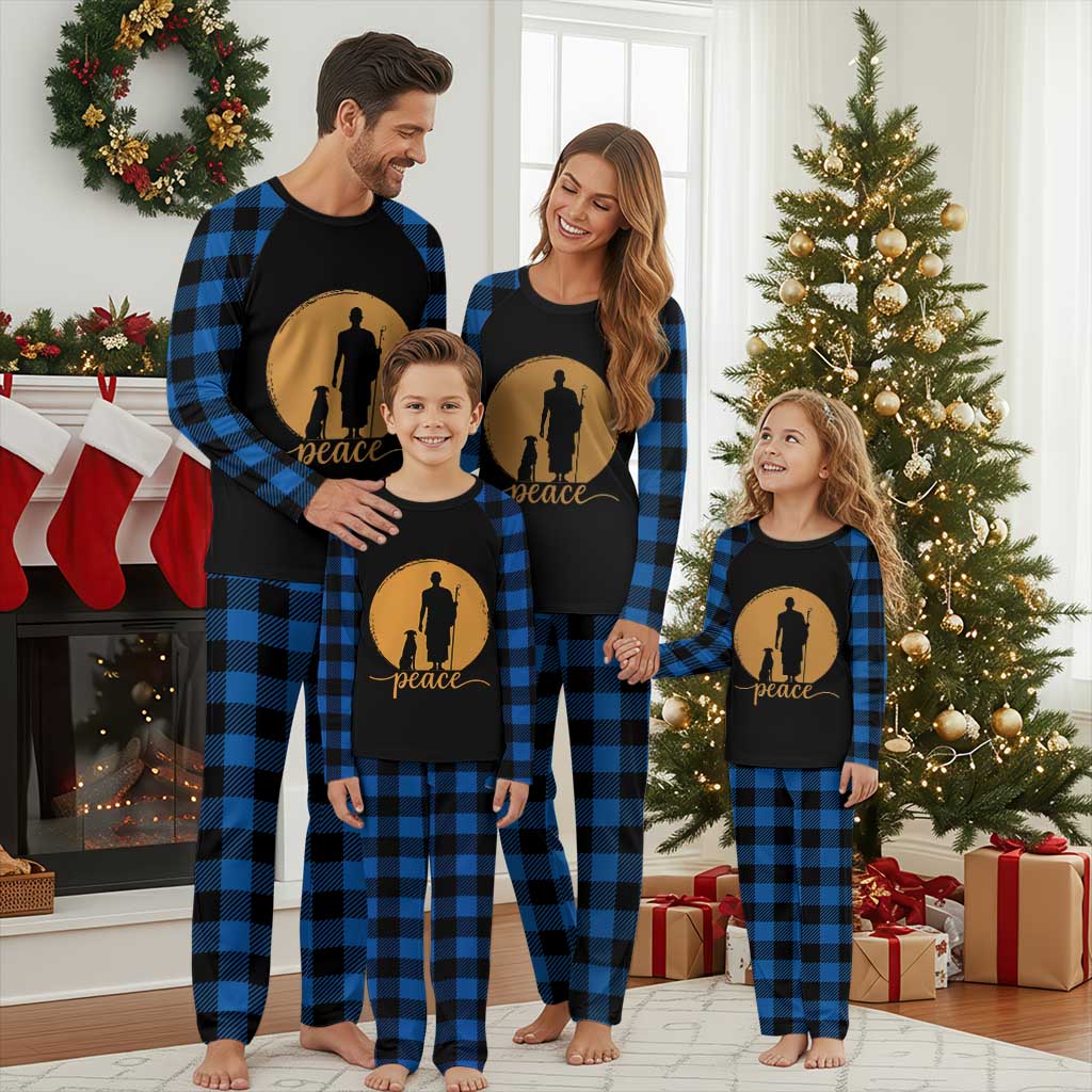 Monk and Dog Silhouette Peace Plaid Pajama Set Spiritual Walk for Peace Sunset TS02 Blue Plaid Print Your Wear