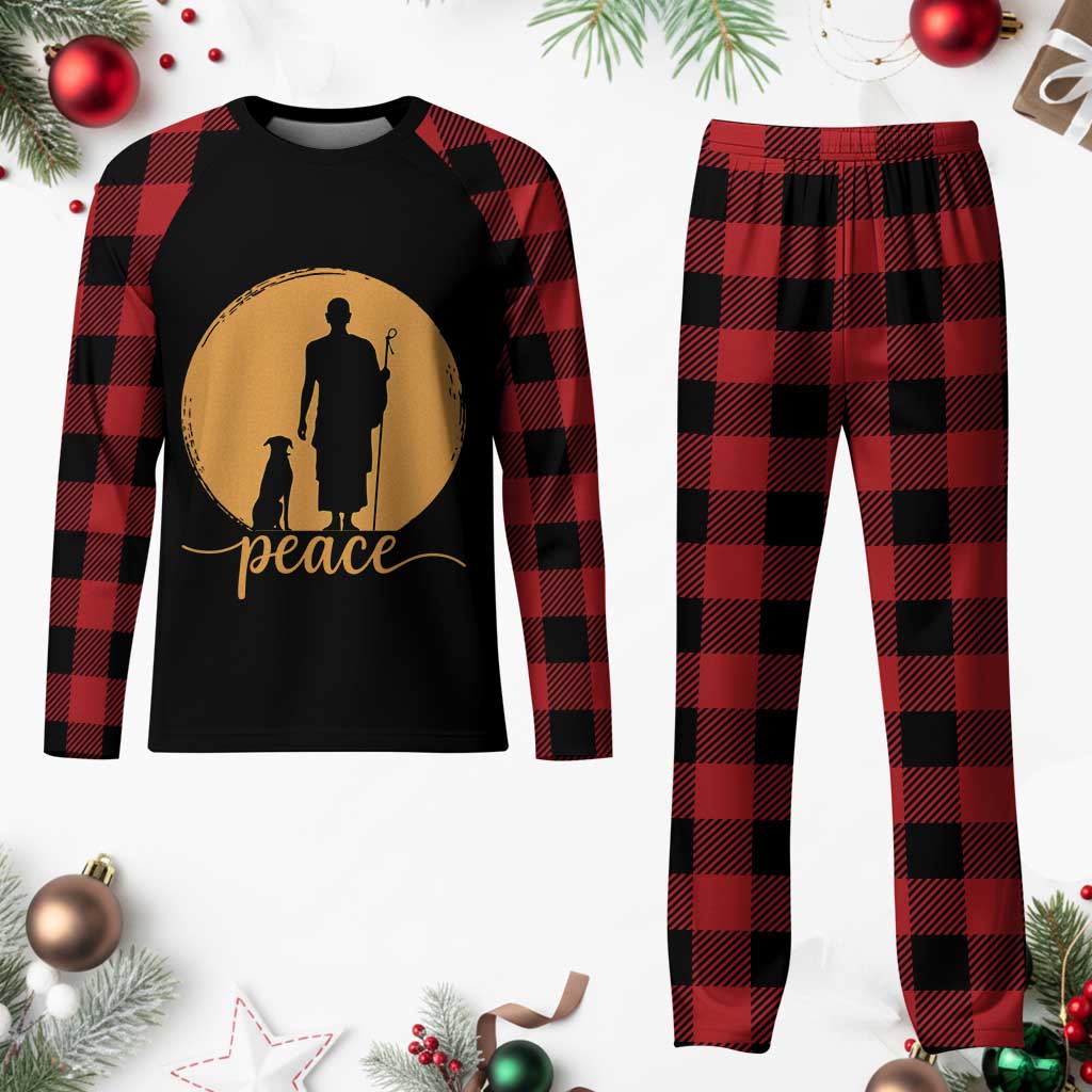 Monk and Dog Silhouette Peace Plaid Pajama Set Spiritual Walk for Peace Sunset TS02 Buffalo Plaid Print Your Wear