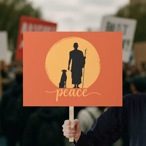 Monk and Dog Silhouette Peace Protest Sign Spiritual Walk for Peace Sunset TS02 Horizontal 18" × 24" Orange Print Your Wear
