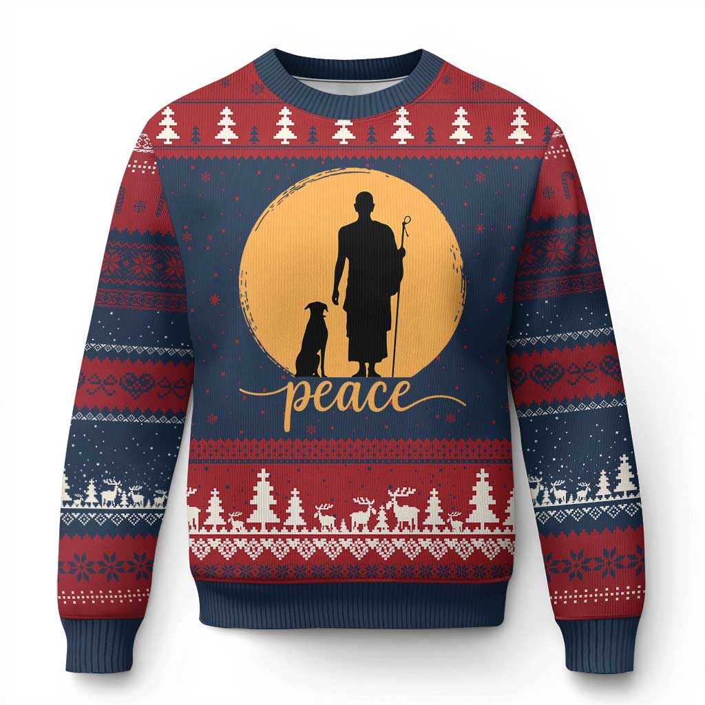 Monk and Dog Silhouette Peace Ugly Christmas Sweater Spiritual Walk for Peace Sunset TS02 Navy Red Print Your Wear
