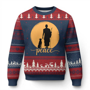 Monk and Dog Silhouette Peace Ugly Christmas Sweater Spiritual Walk for Peace Sunset TS02 Navy Red Print Your Wear