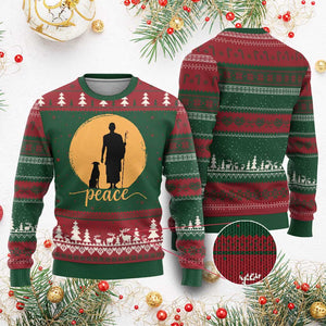 Monk and Dog Silhouette Peace Ugly Christmas Sweater Spiritual Walk for Peace Sunset TS02 Red Green Print Your Wear