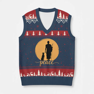 Monk and Dog Silhouette Peace V-Neck Knit Sweater Vest Spiritual Walk for Peace Sunset TS02 Navy Red Print Your Wear