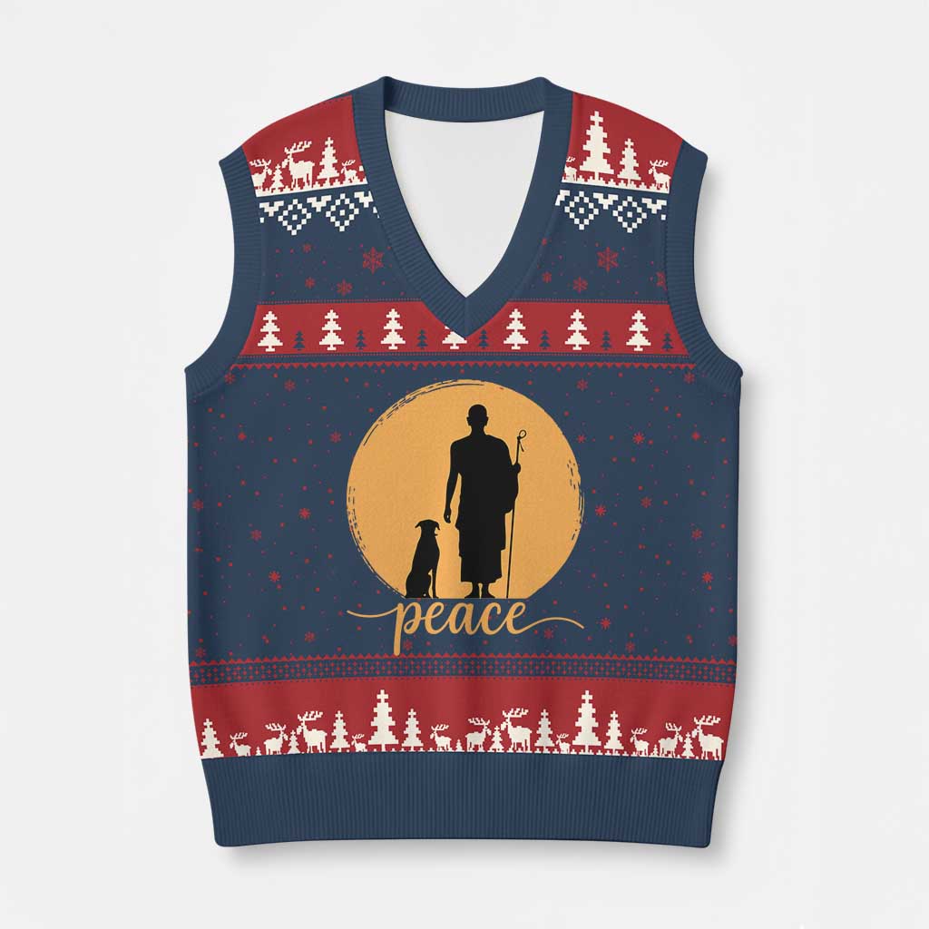 Monk and Dog Silhouette Peace V-Neck Knit Sweater Vest Spiritual Walk for Peace Sunset TS02 Navy Red Print Your Wear