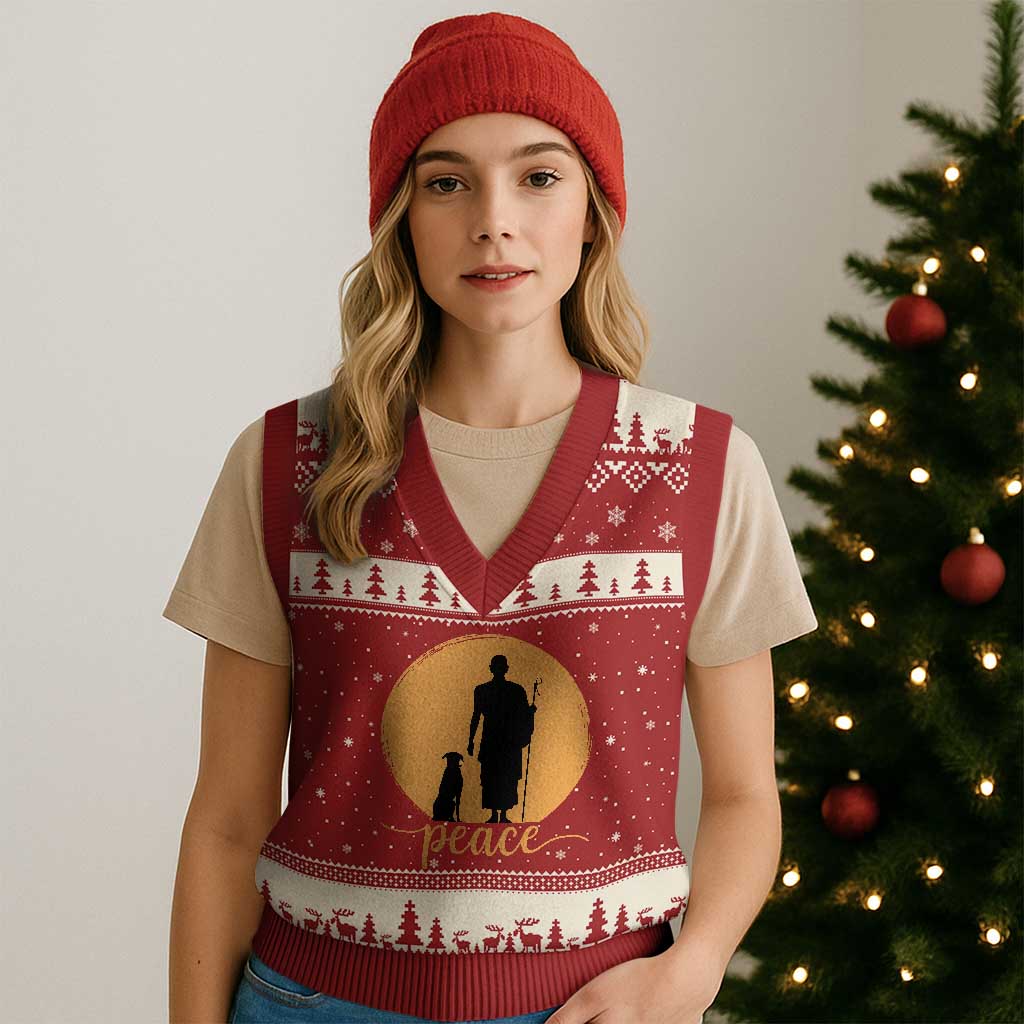 Monk and Dog Silhouette Peace V-Neck Knit Sweater Vest Spiritual Walk for Peace Sunset TS02 Red Beige Print Your Wear