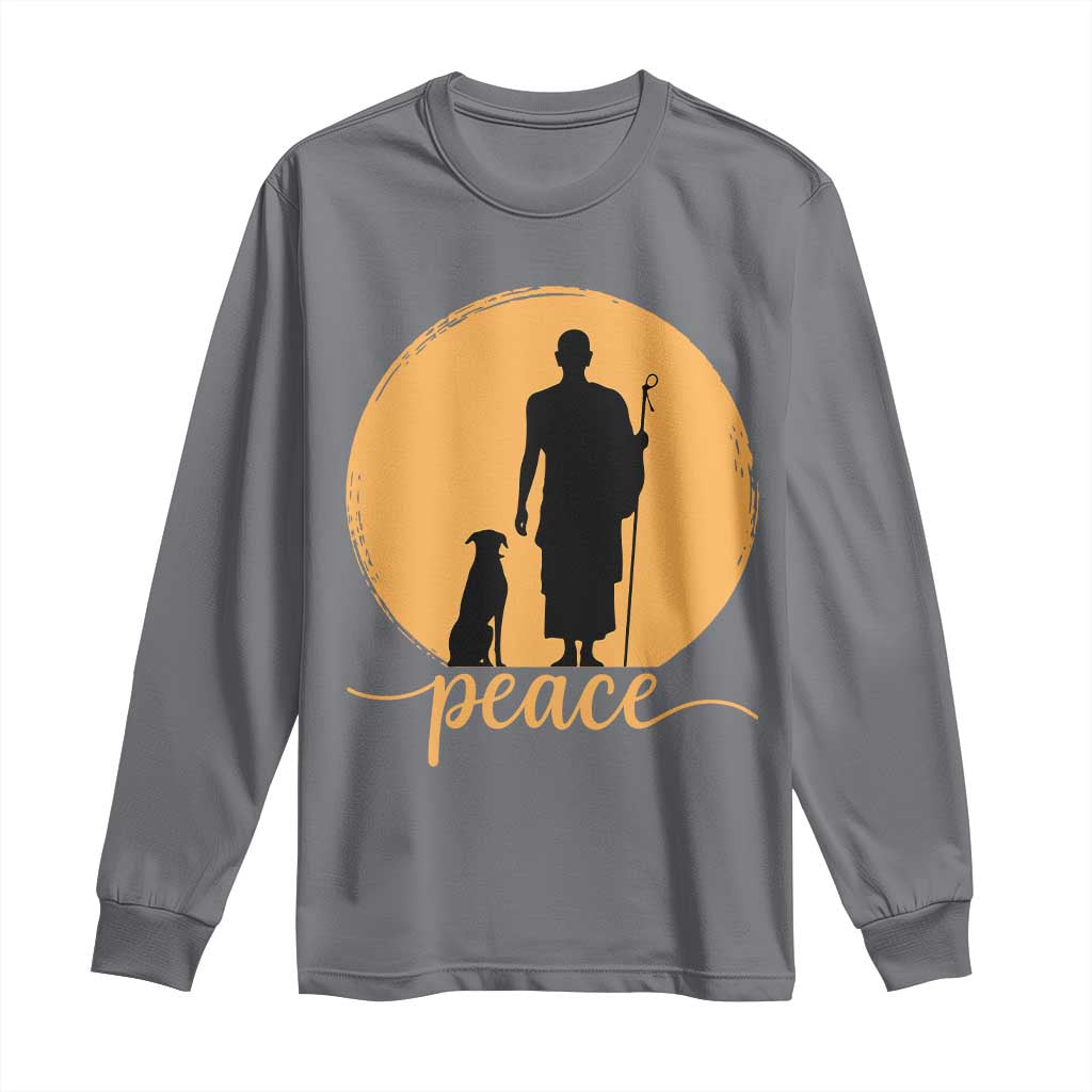 Monk and Dog Silhouette Peace Long Sleeve Shirt Spiritual Walk for Peace Sunset TS02 Charcoal Print Your Wear