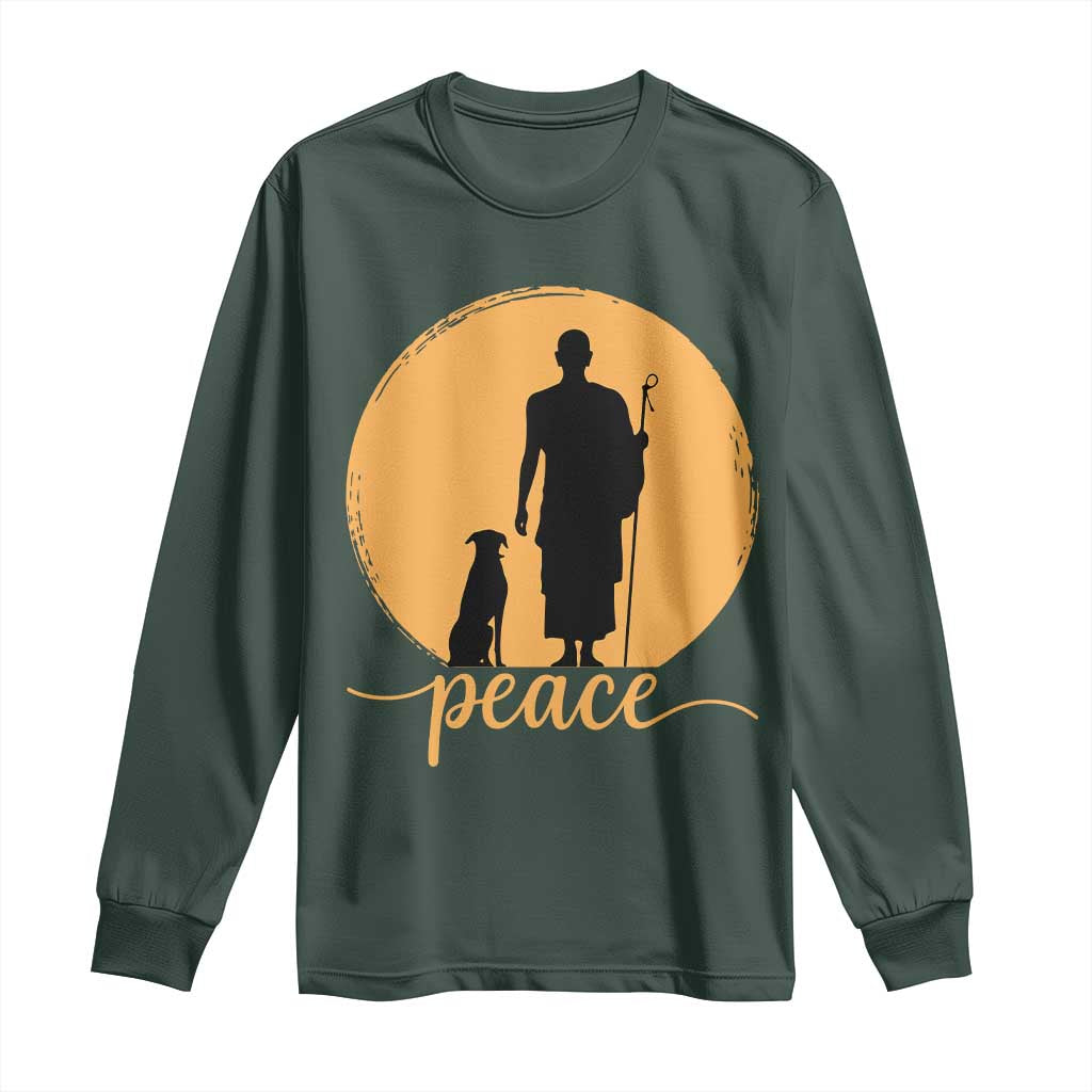 Monk and Dog Silhouette Peace Long Sleeve Shirt Spiritual Walk for Peace Sunset TS02 Dark Forest Green Print Your Wear