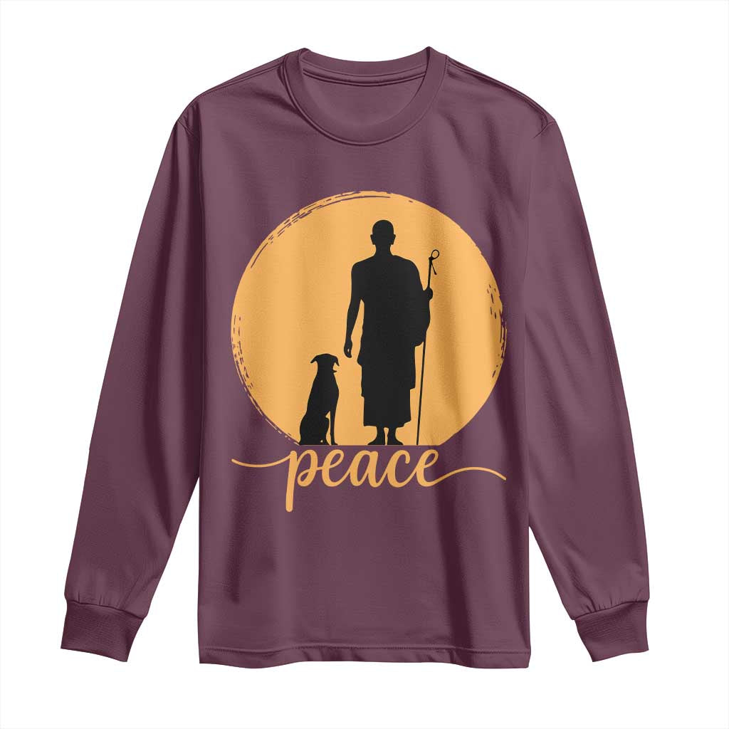 Monk and Dog Silhouette Peace Long Sleeve Shirt Spiritual Walk for Peace Sunset TS02 Maroon Print Your Wear