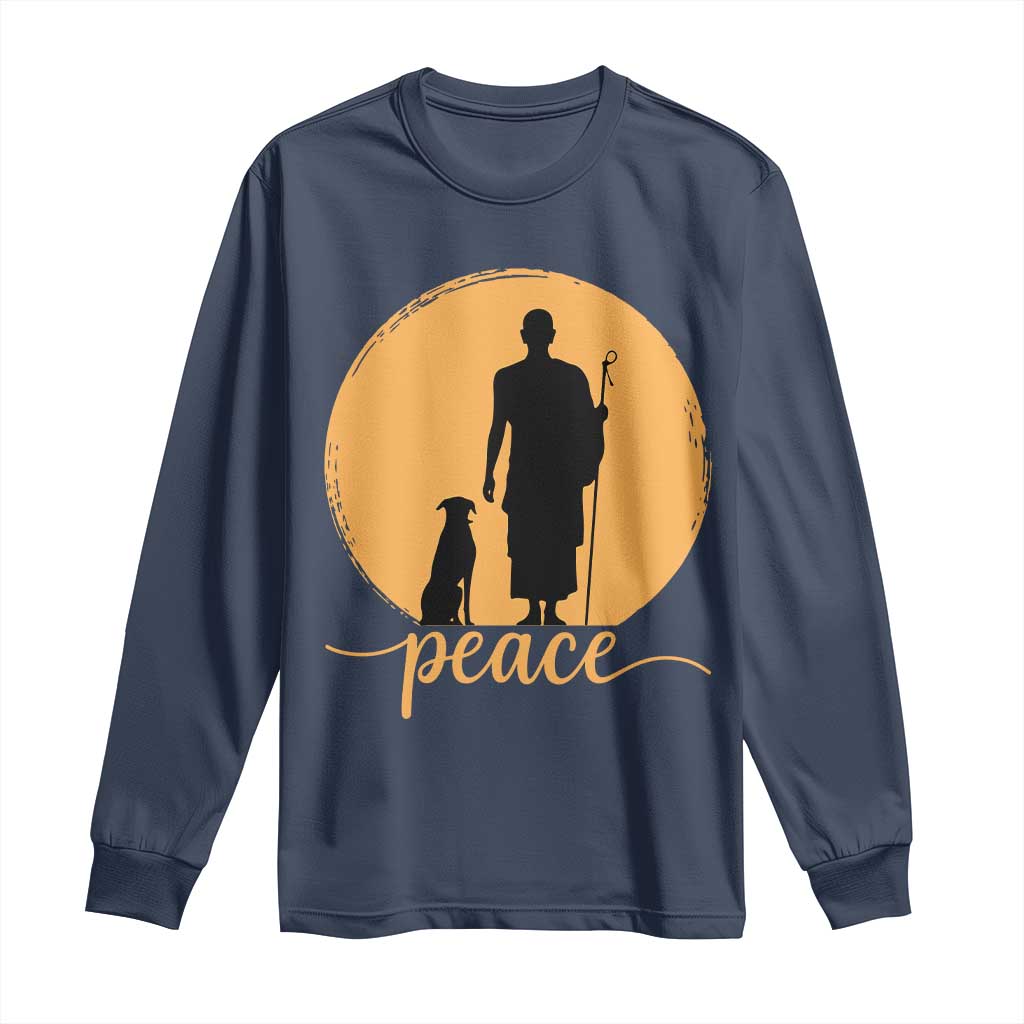 Monk and Dog Silhouette Peace Long Sleeve Shirt Spiritual Walk for Peace Sunset TS02 Navy Print Your Wear