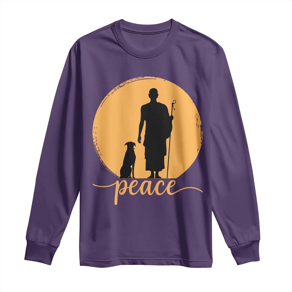 Monk and Dog Silhouette Peace Long Sleeve Shirt Spiritual Walk for Peace Sunset TS02 Purple Print Your Wear