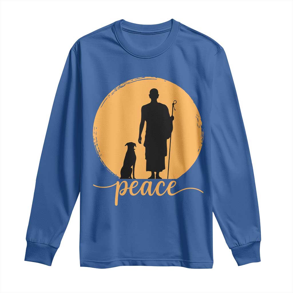 Monk and Dog Silhouette Peace Long Sleeve Shirt Spiritual Walk for Peace Sunset TS02 Royal Blue Print Your Wear