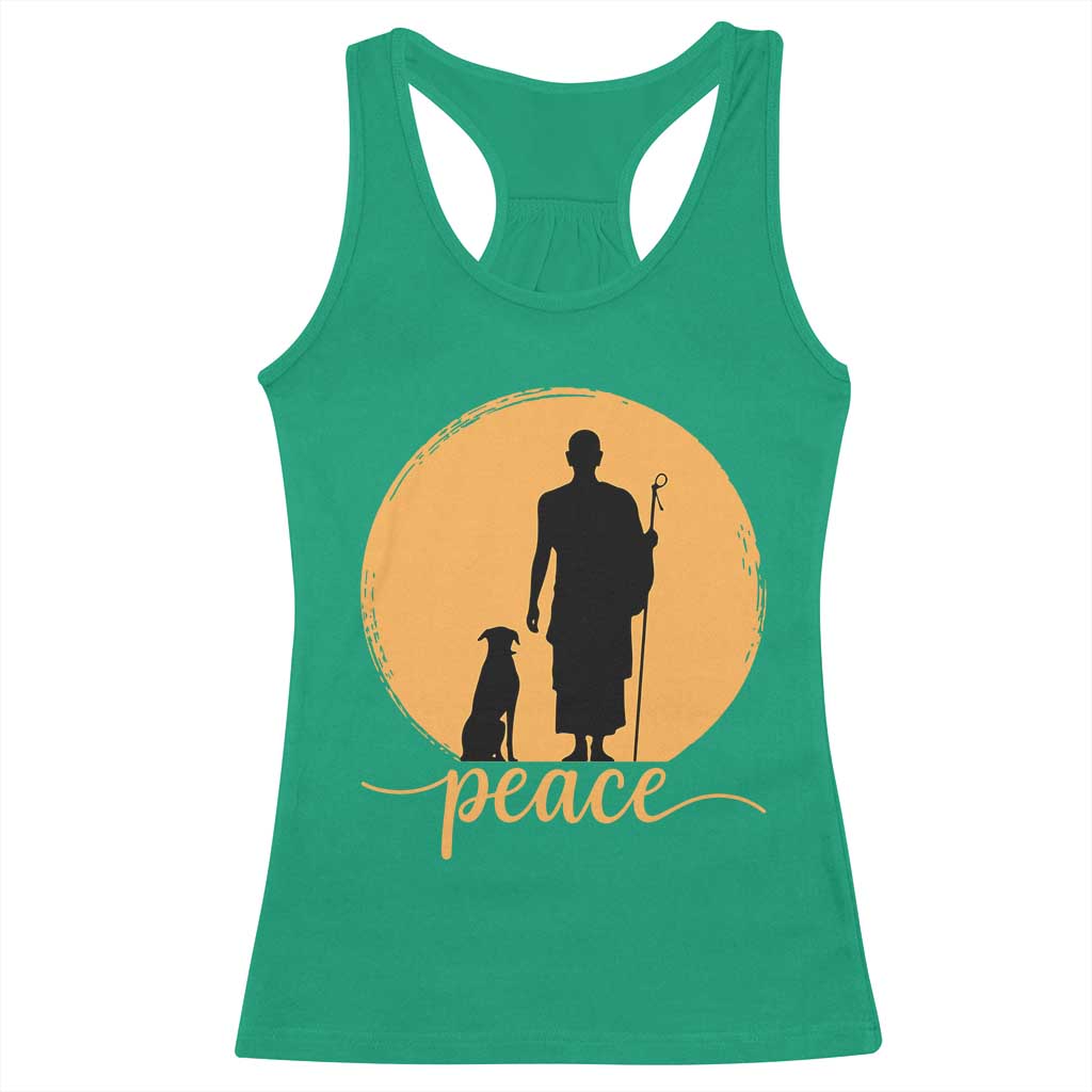 Monk and Dog Silhouette Peace Racerback Tank Top Spiritual Walk for Peace Sunset TS02 Irish Green Print Your Wear