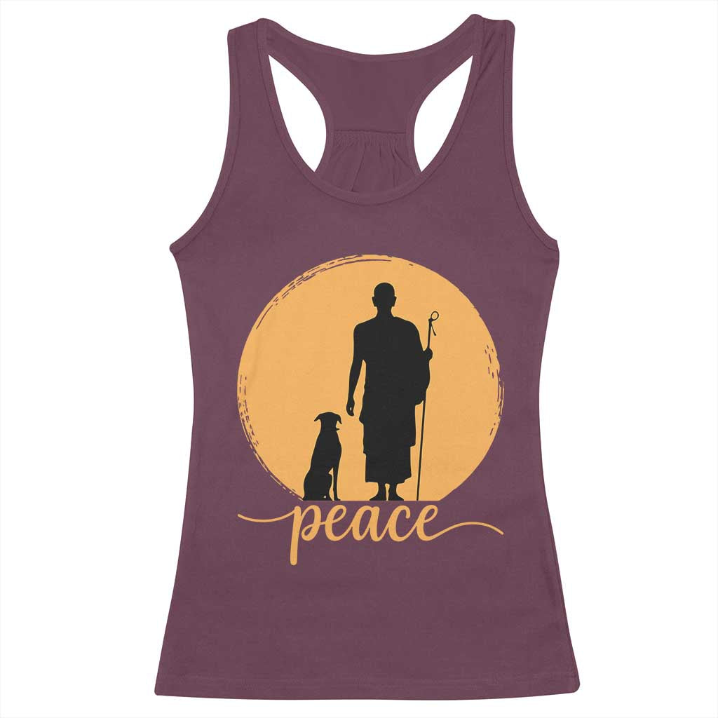 Monk and Dog Silhouette Peace Racerback Tank Top Spiritual Walk for Peace Sunset TS02 Maroon Print Your Wear