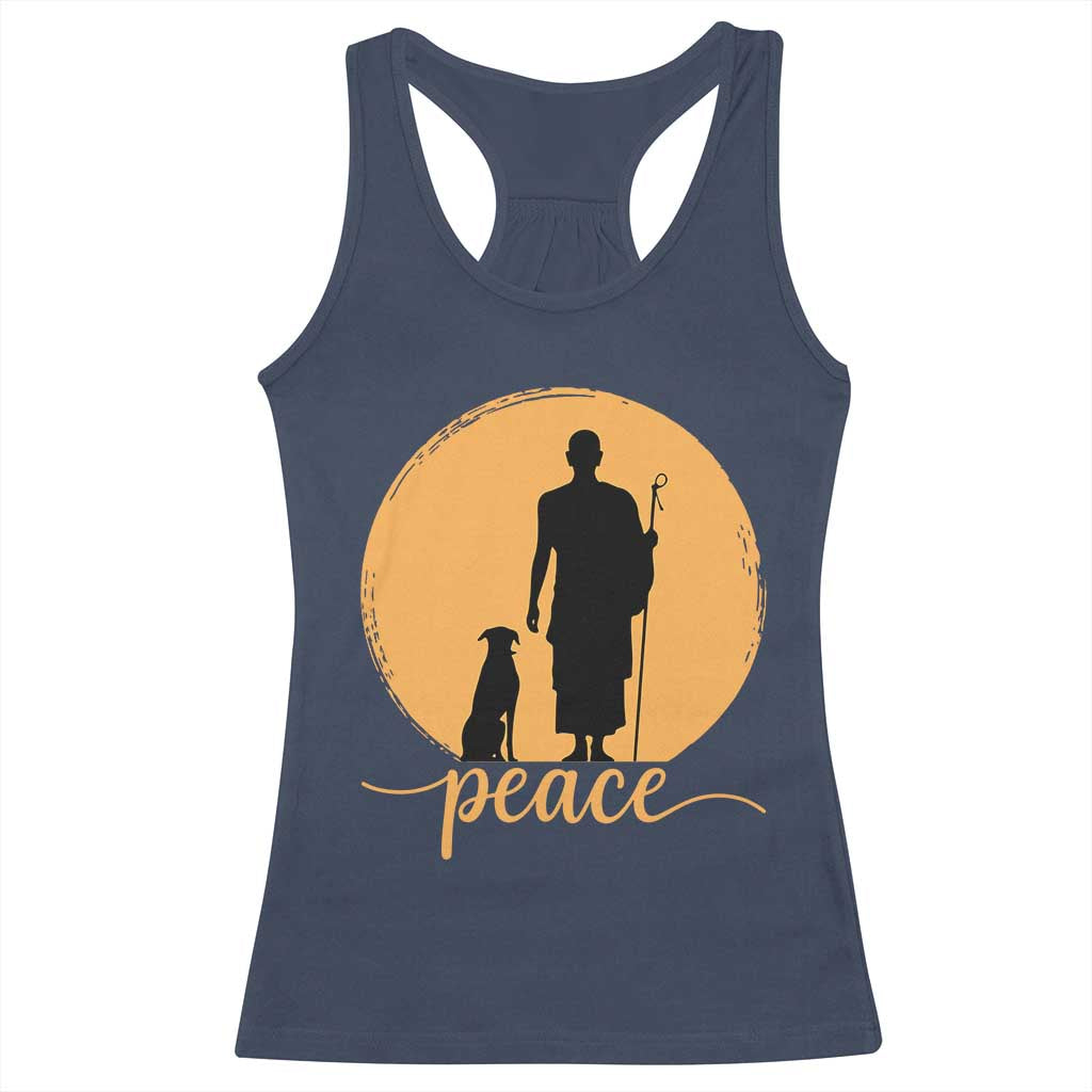 Monk and Dog Silhouette Peace Racerback Tank Top Spiritual Walk for Peace Sunset TS02 Navy Print Your Wear