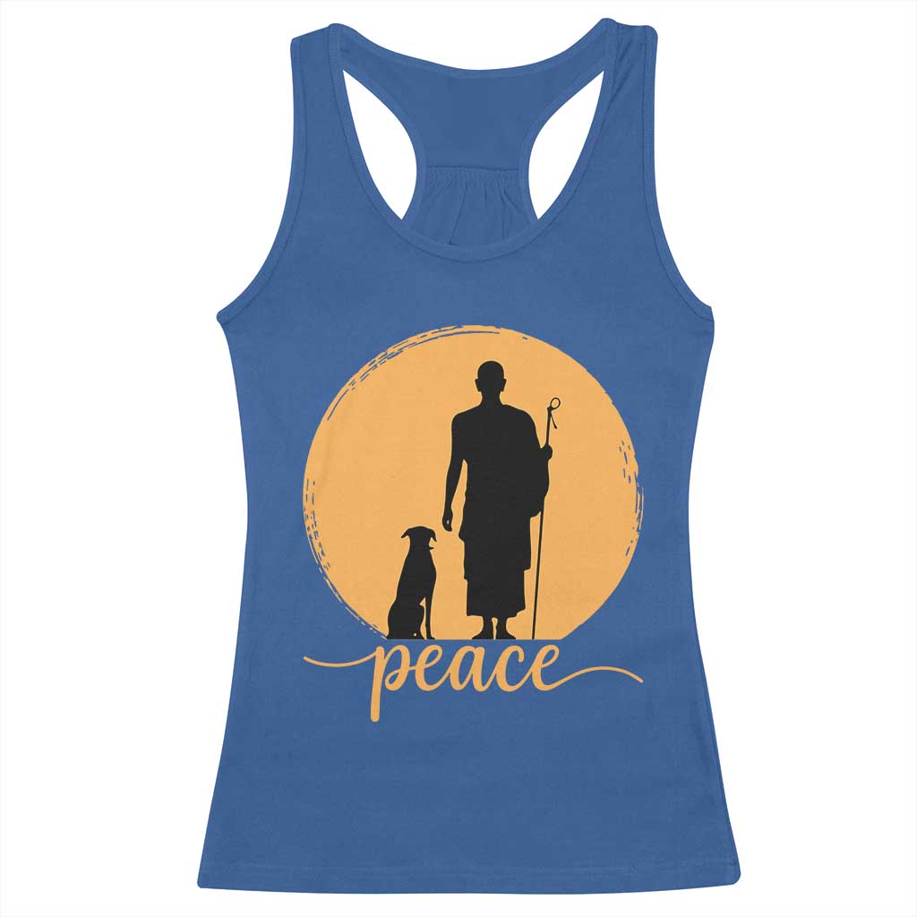 Monk and Dog Silhouette Peace Racerback Tank Top Spiritual Walk for Peace Sunset TS02 Royal Blue Print Your Wear