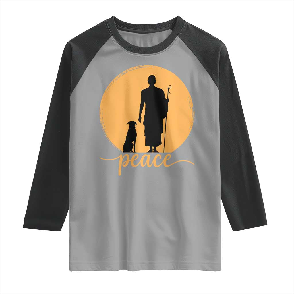 Monk and Dog Silhouette Peace Raglan Shirt Spiritual Walk for Peace Sunset TS02 Sport Gray Black Print Your Wear
