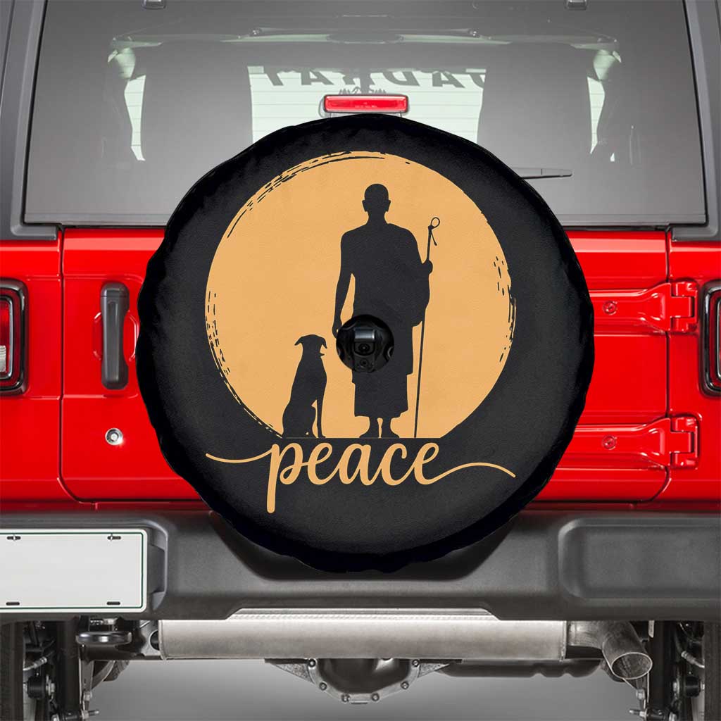 Monk and Dog Silhouette Peace Spare Tire Cover Spiritual Walk for Peace Sunset TS02 Black Print Your Wear