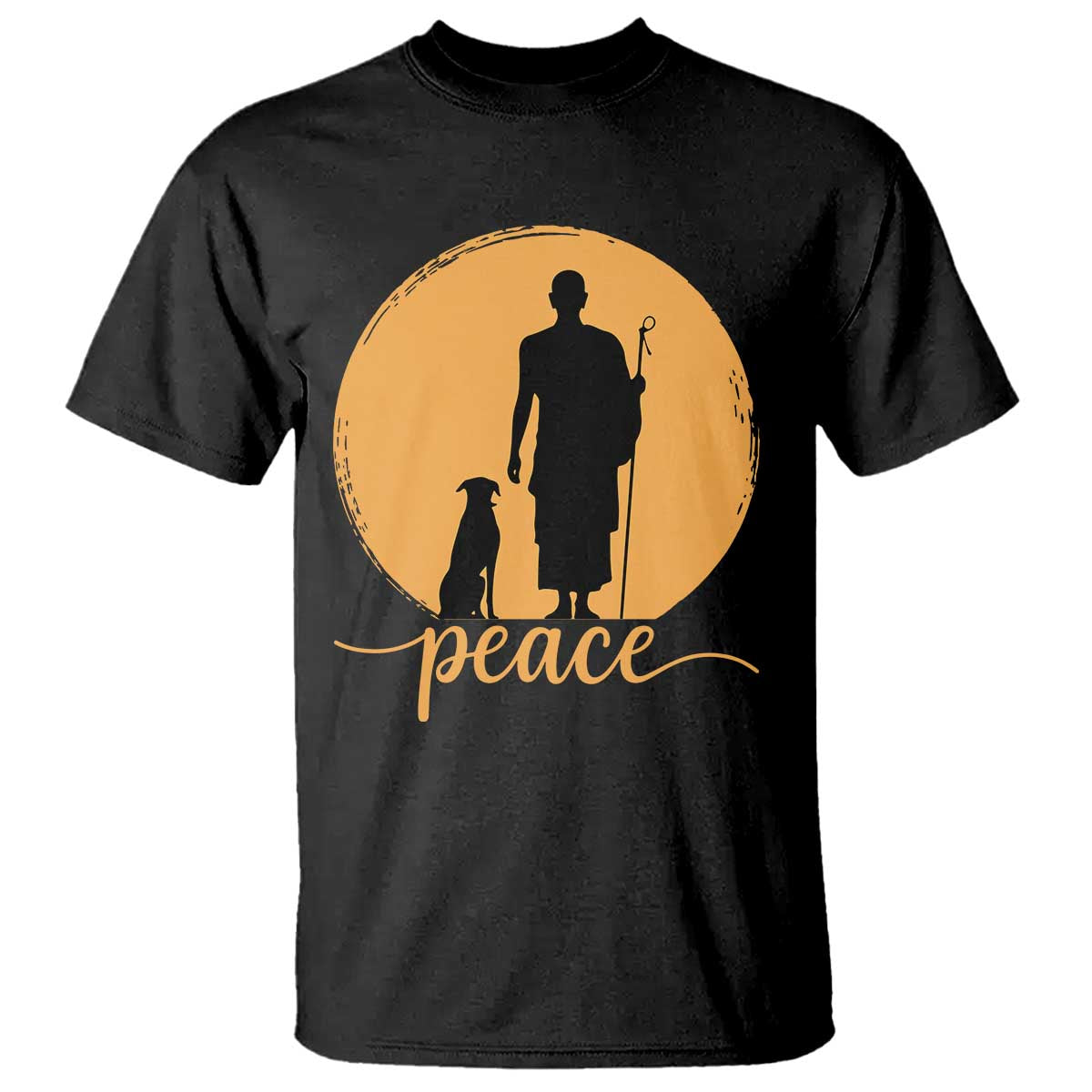 Monk and Dog Silhouette Peace T Shirt Spiritual Walk for Peace Sunset - Print Your Wear