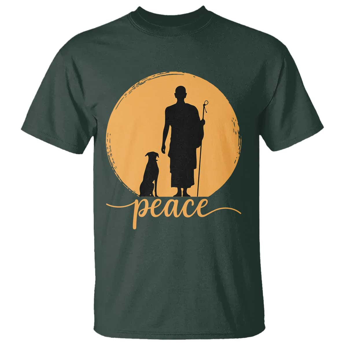 Monk and Dog Silhouette Peace T Shirt Spiritual Walk for Peace Sunset TS02 Dark Forest Green Print Your Wear