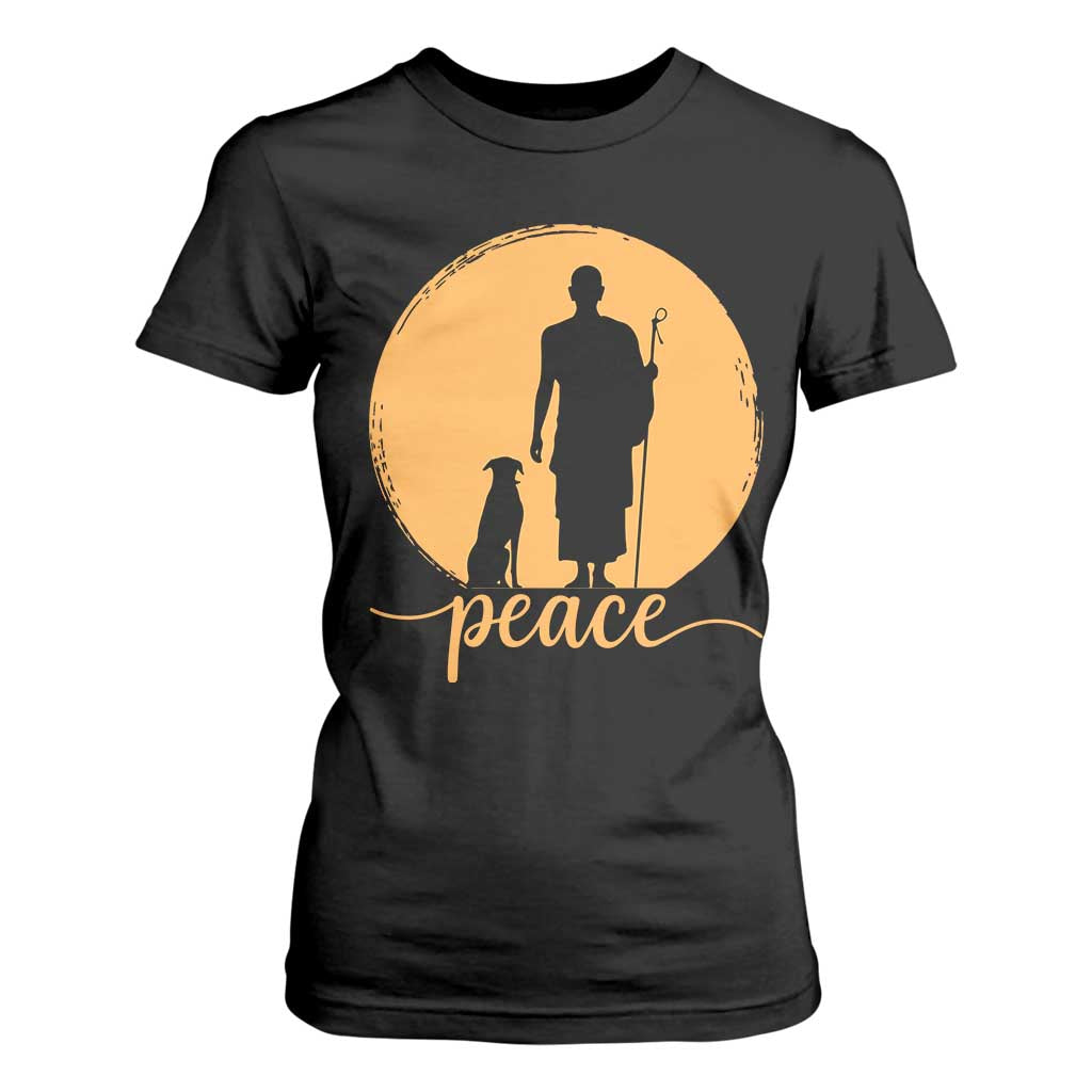Monk and Dog Silhouette Peace T Shirt For Women Spiritual Walk for Peace Sunset - Print Your Wear