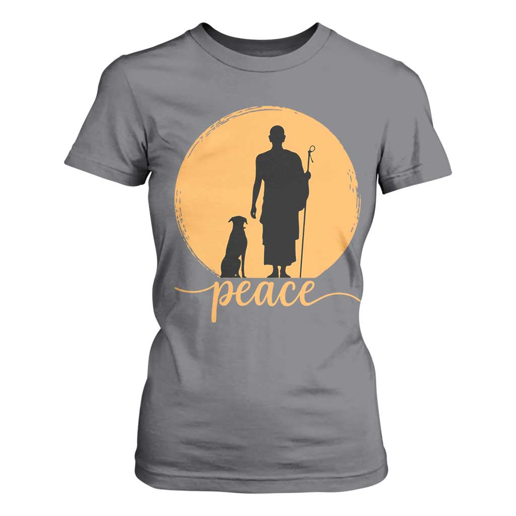 Monk and Dog Silhouette Peace T Shirt For Women Spiritual Walk for Peace Sunset TS02 Charcoal Print Your Wear
