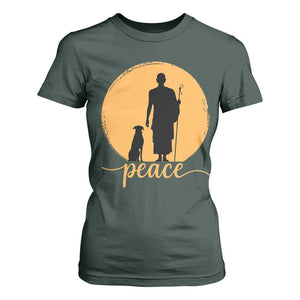 Monk and Dog Silhouette Peace T Shirt For Women Spiritual Walk for Peace Sunset TS02 Dark Forest Green Print Your Wear