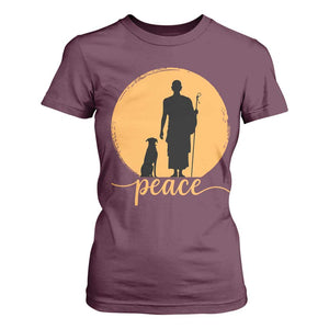 Monk and Dog Silhouette Peace T Shirt For Women Spiritual Walk for Peace Sunset TS02 Maroon Print Your Wear
