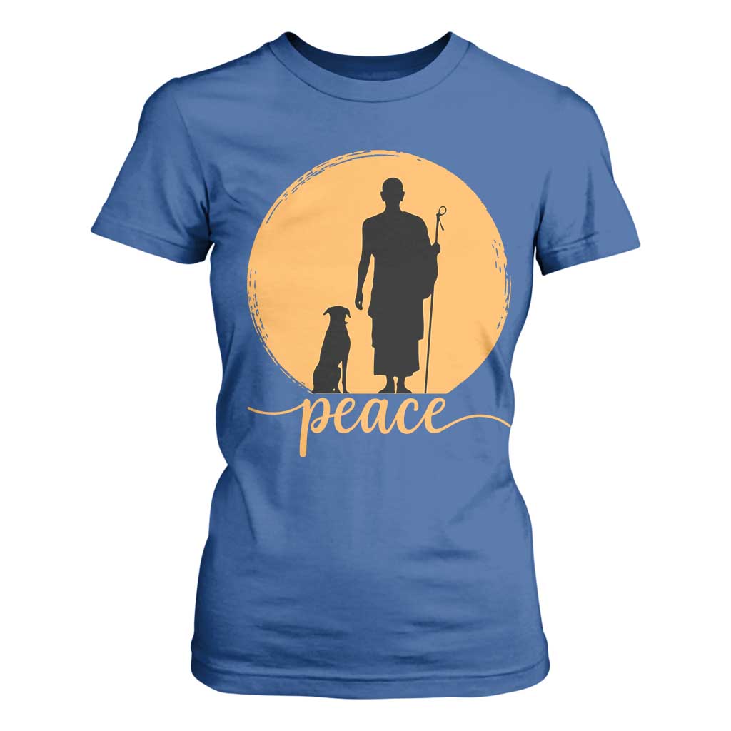 Monk and Dog Silhouette Peace T Shirt For Women Spiritual Walk for Peace Sunset TS02 Royal Blue Print Your Wear