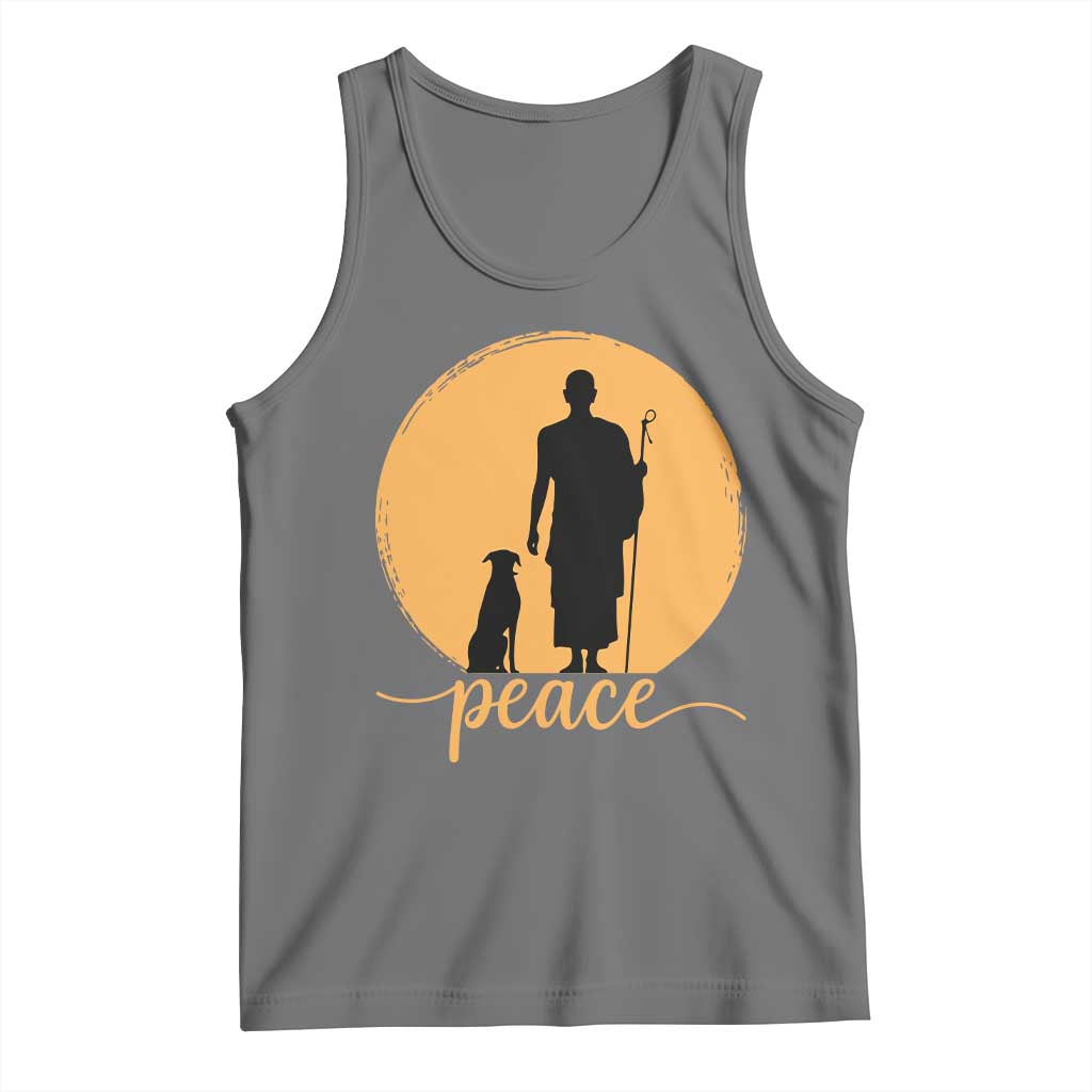 Monk and Dog Silhouette Peace Tank Top Spiritual Walk for Peace Sunset TS02 Black Heather Print Your Wear