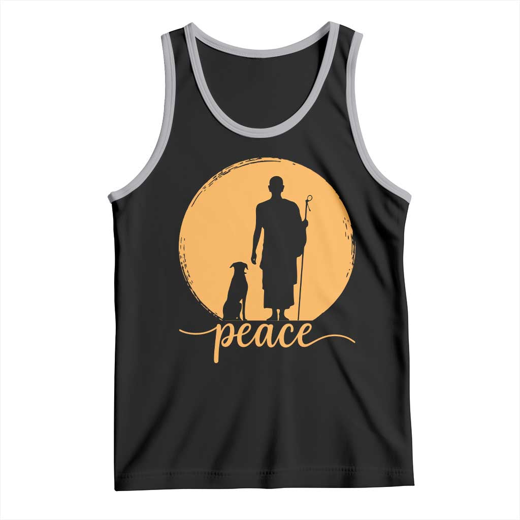 Monk and Dog Silhouette Peace Tank Top Spiritual Walk for Peace Sunset TS02 Black Athletic Heather Print Your Wear