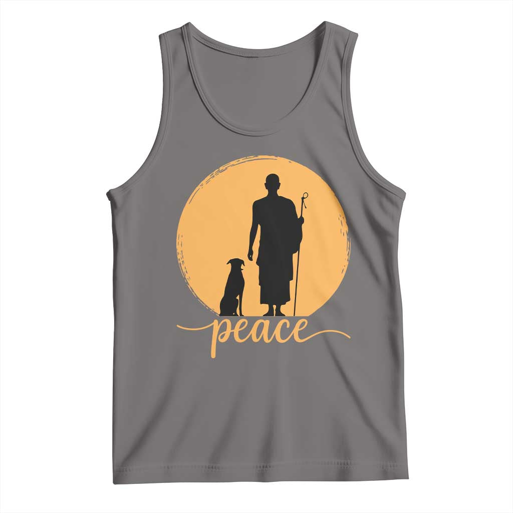 Monk and Dog Silhouette Peace Tank Top Spiritual Walk for Peace Sunset TS02 Deep Heather Print Your Wear
