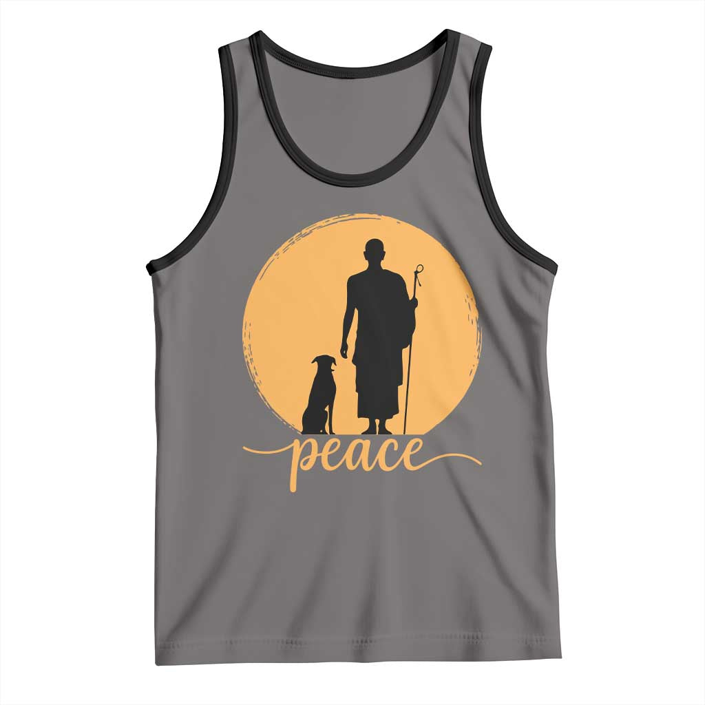 Monk and Dog Silhouette Peace Tank Top Spiritual Walk for Peace Sunset TS02 Deep Heather Black Print Your Wear